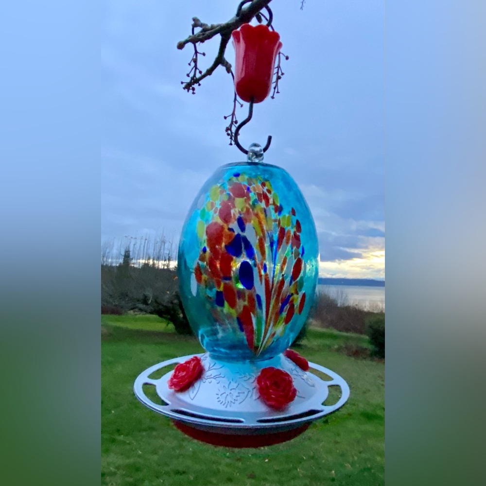Glass Hummingbird Feeder 27oz Blown Glass Humming Bird - Roses & Ant Moat - Picture 2 of 13